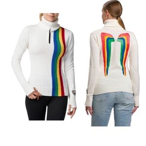 Rossignol White Ski-Fly Rainbow 1/2 Zip High Collar Wool Sweater. Size:  X-Small